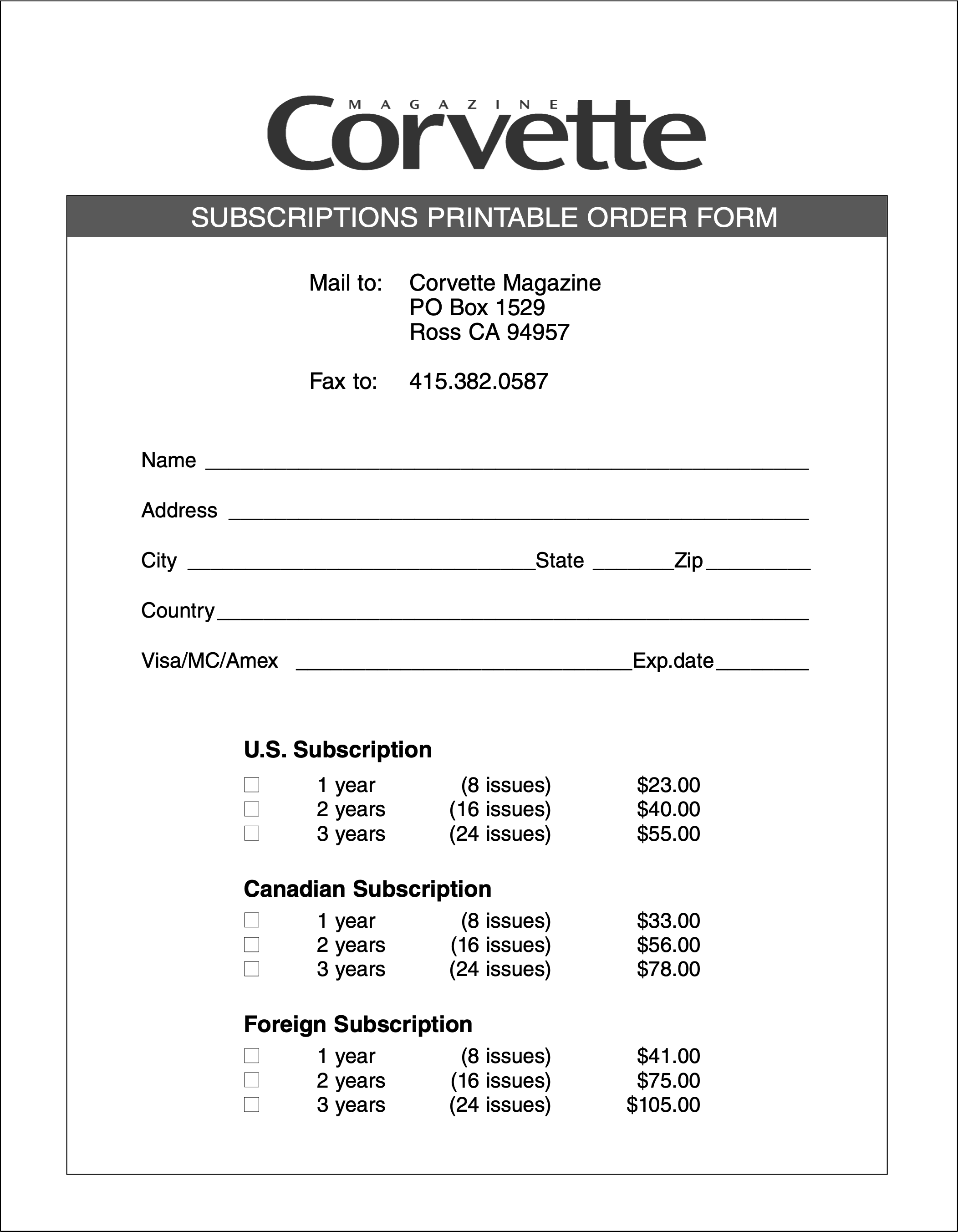 Corvette Magazine Subscription Order Form