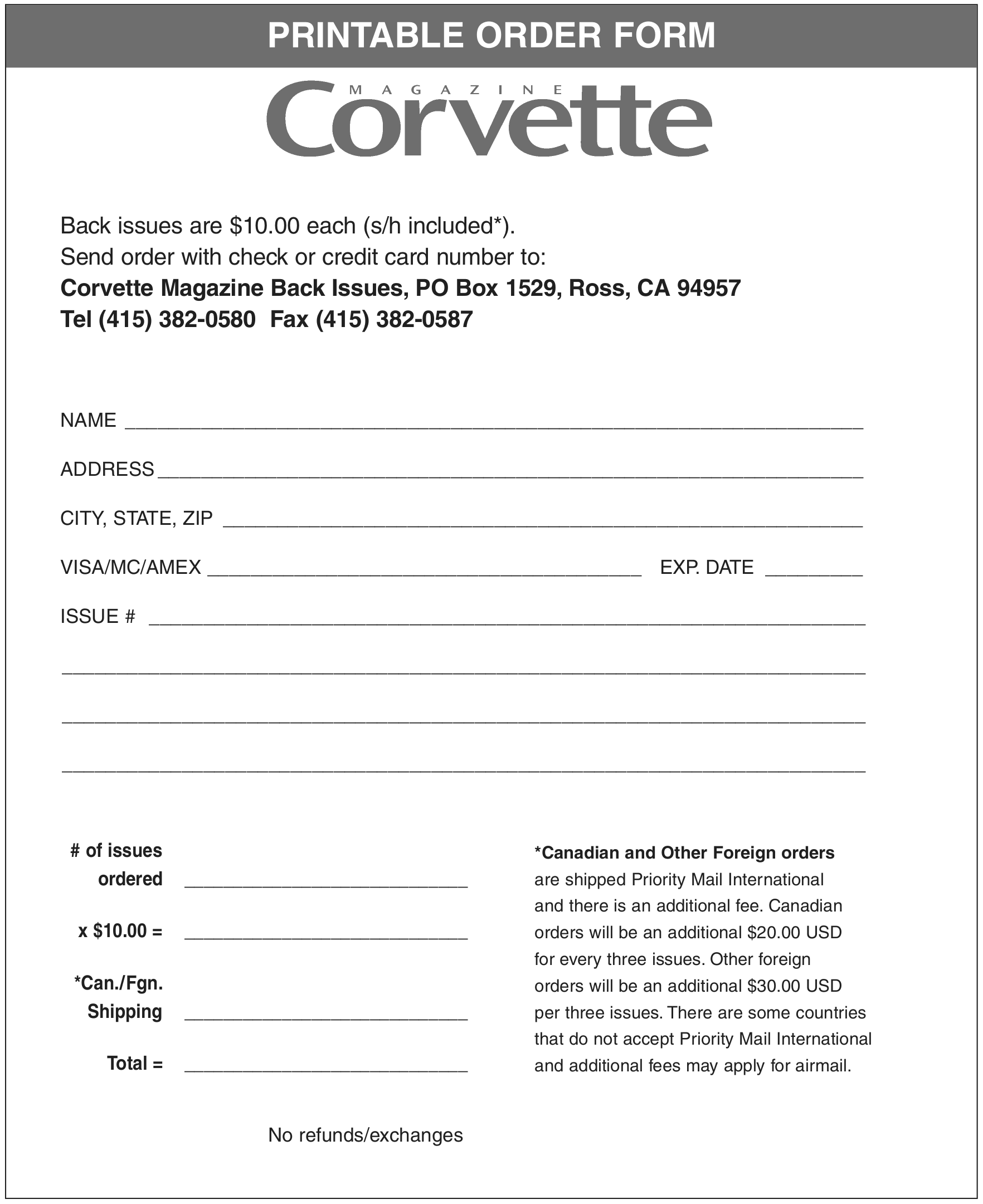 Corvette Magazine Back Issues Order Form