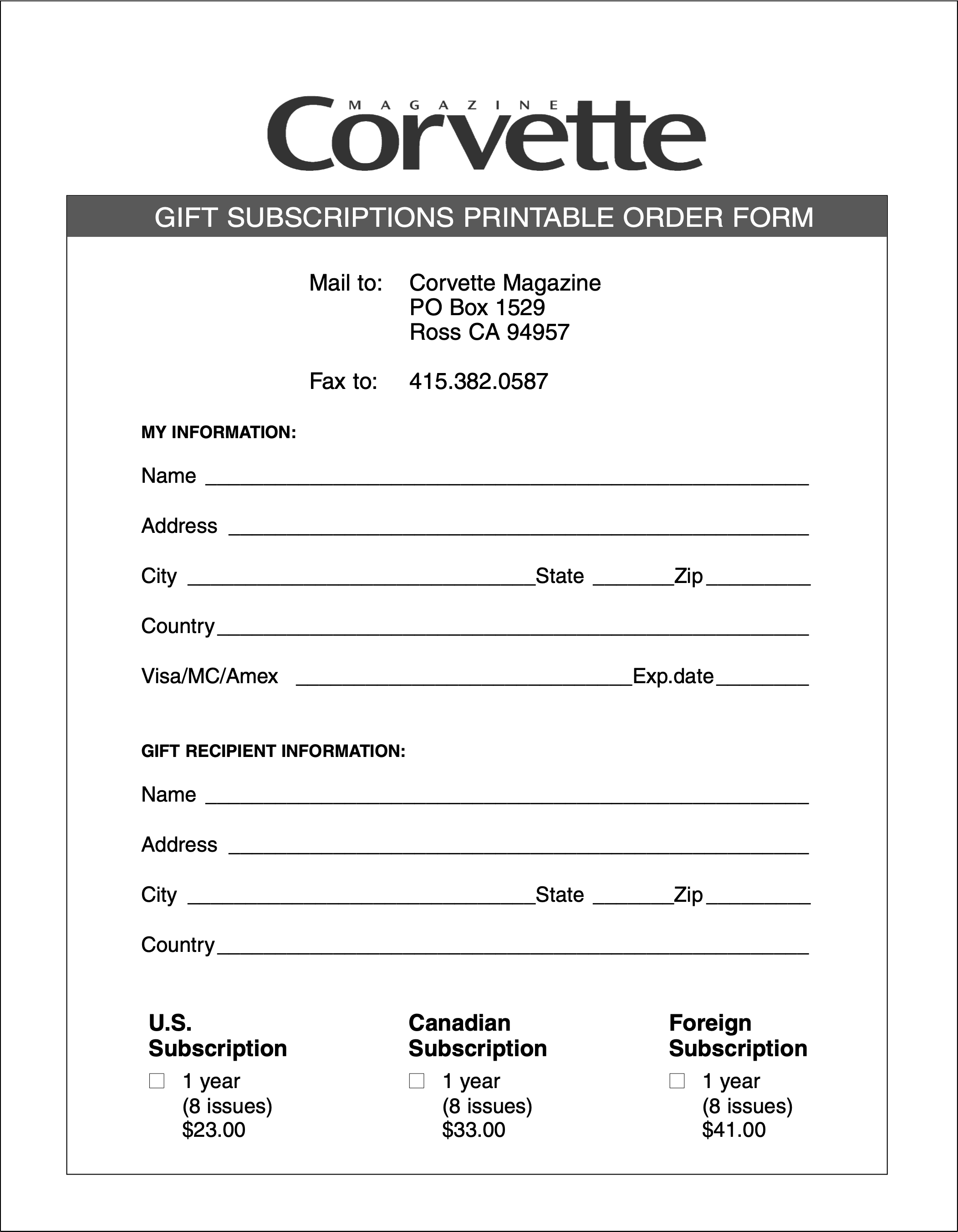 Corvette Magazine Gift Subscription Order Form