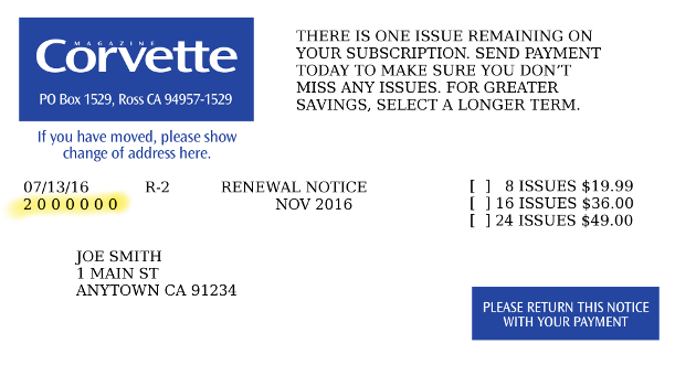 Corvette Magazine Renewal Notice Example